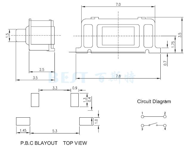 3.5*7側(cè)按輕觸開(kāi)關(guān)規(guī)格圖紙