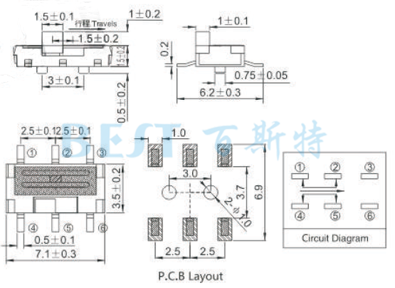 微型撥動開關(guān)MSS-22C01參考圖紙