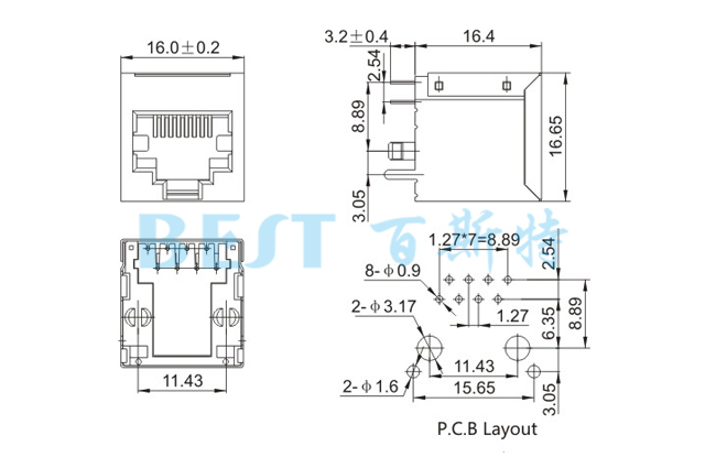 RJ45插座5224S 8P8C F3.05 1x1參考圖紙